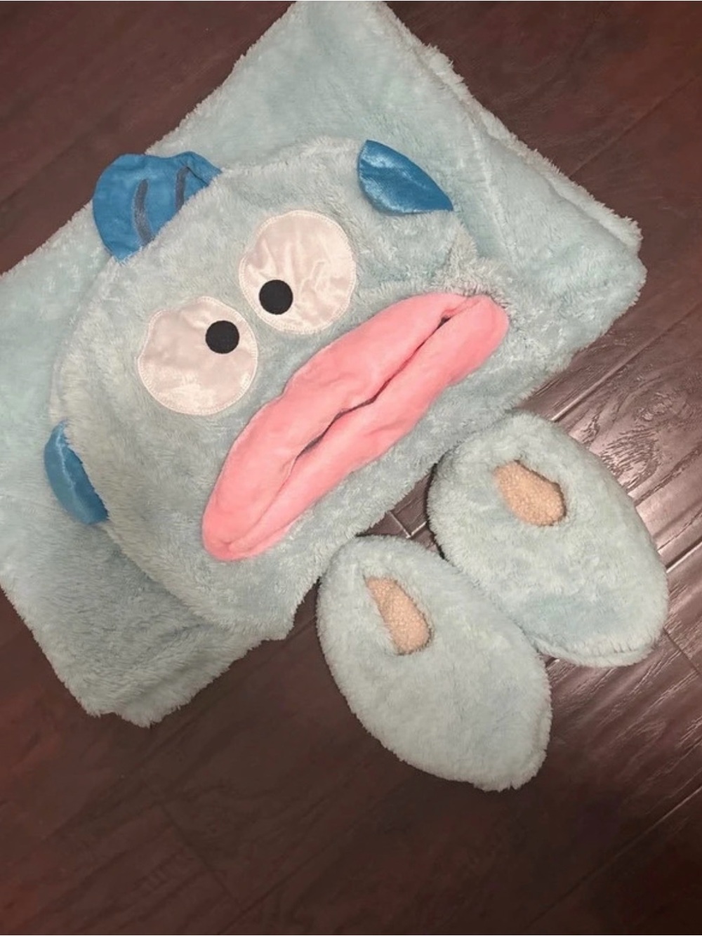 Plush Light Blue Hooded Romper with Pink Accent - Cozy Monster Design